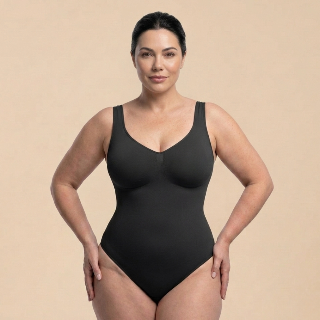 LEVRE Smooth V-Neck Bodysuit Nude