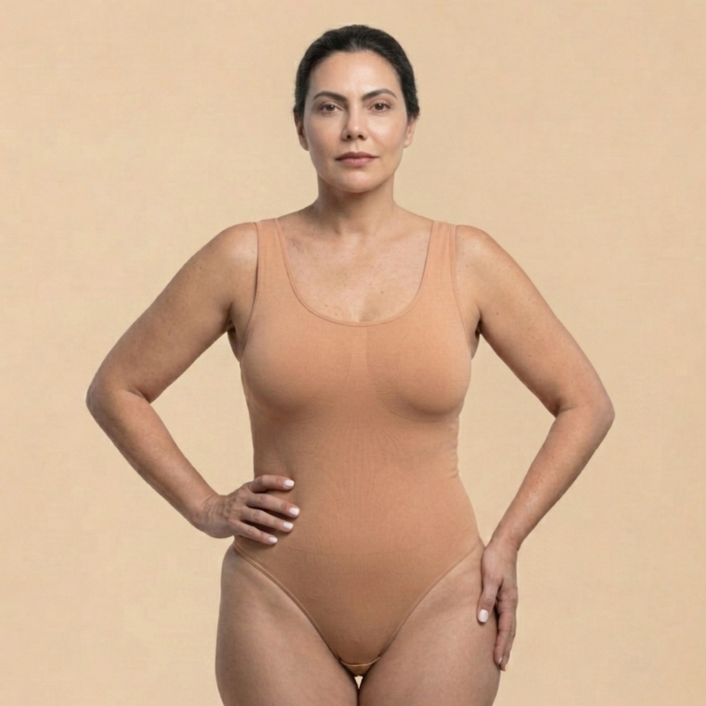 LEVRE Smooth V-Neck Bodysuit Nude