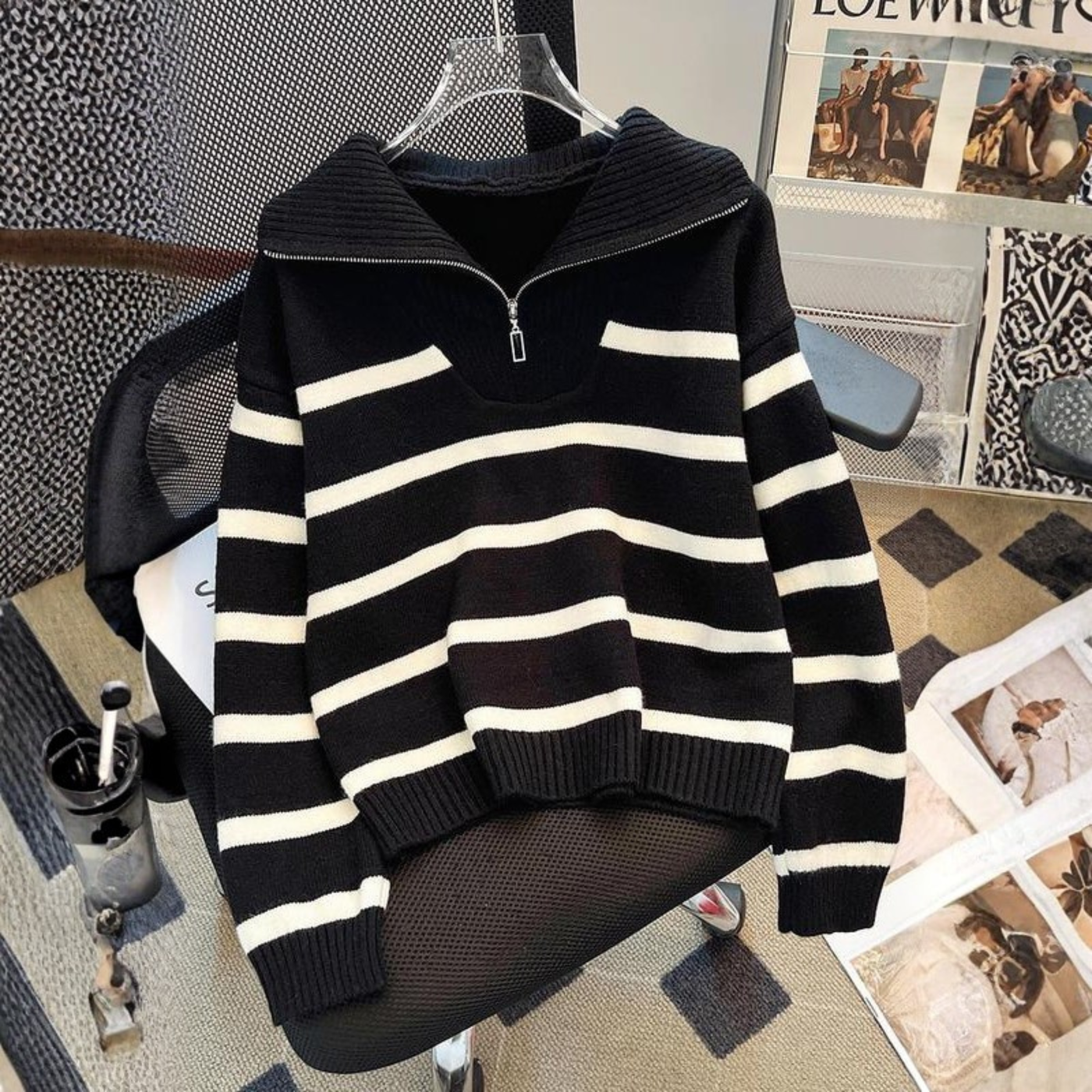NEVAEH™ - Chic Striped Long Sleeve Collared Top