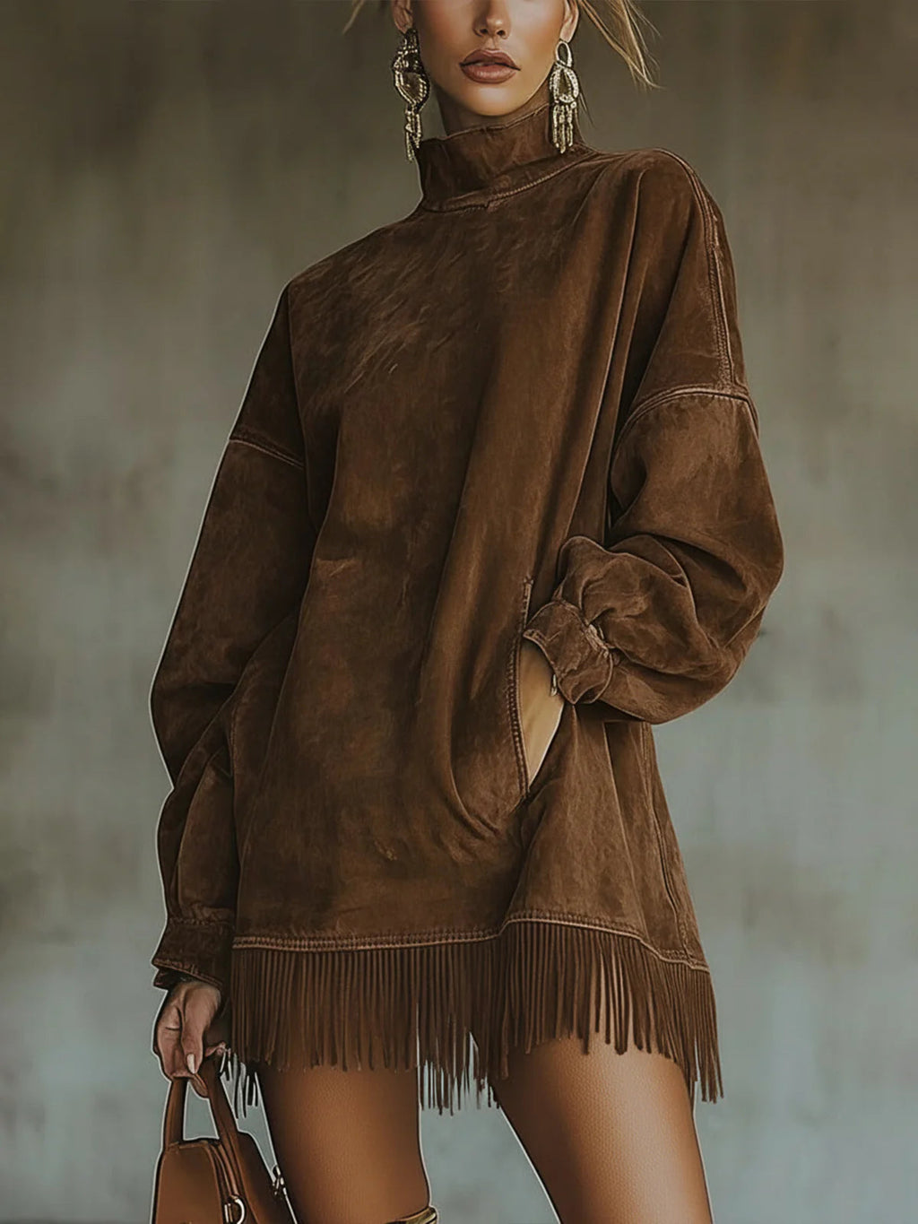 Francine™ | Washed Fringe-Hem Mock-Neck Sweatshirt Dress