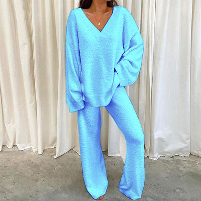 MULANA™ - Chic V-Neck Top and Wide Leg Pants Set